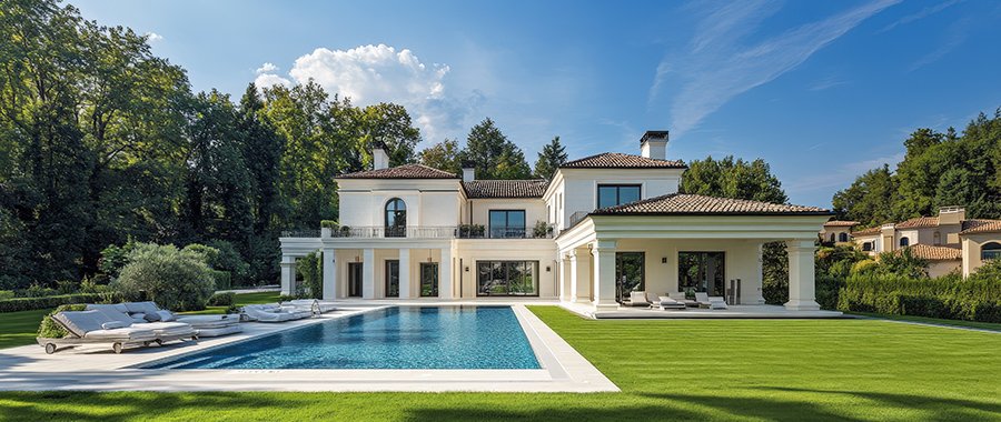 Imagen de Elegante villa moderna con piscina y jardín paisajístico.